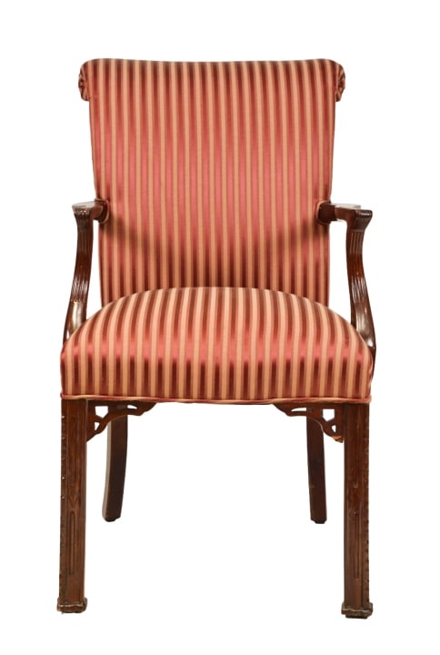 Southwood Martha Washington Style Carved Armchair: Southwood Martha Washington Style hand Carved Custom Upholstered Armchair. Measures 39.5 inches x 23 inches x 30 inches, seat height 21 inches.
