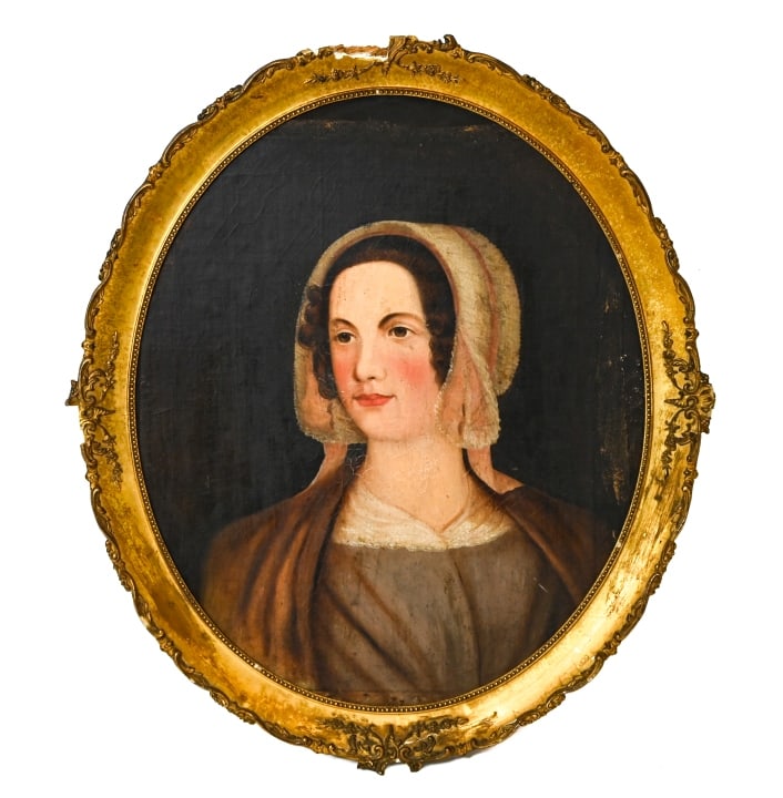 Antique 19th C Oval Oil Portrait Woman in Lace Cap: Antique 19th Century Oval Oil Painting Portrait of Young Woman in Lace Cap in the Style of Sarah Miriam Peale. Measures 29 inches x 24 inches. Frame has gesso loss.