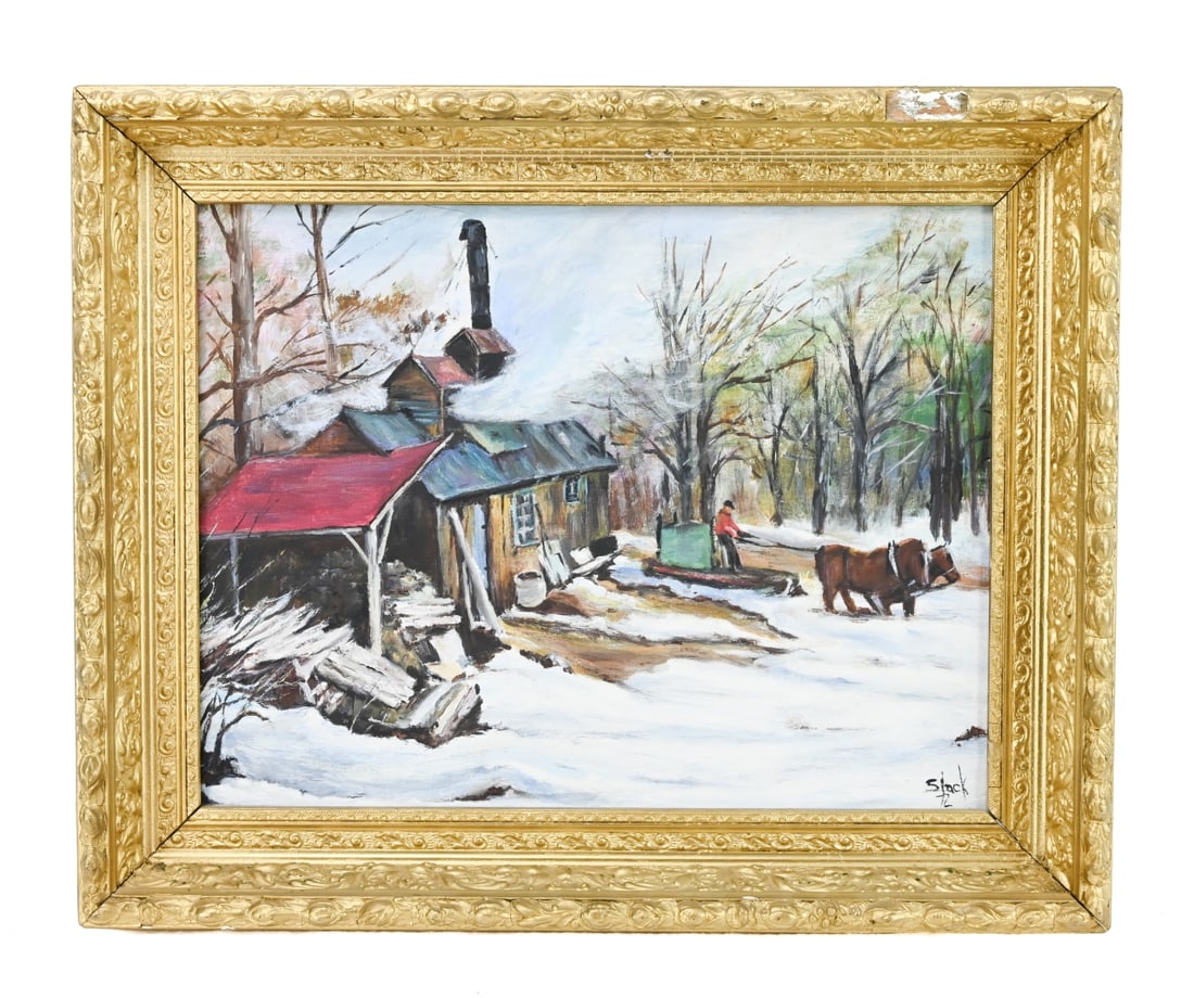 Terry Slack Signed Oil Painting Winter Wood Farm: Vintage Terry Slack Signed Oil Painting on Board of Winter Wood Farm in Frame. Frame has missing gesso. Framed measures 20inches x 24 inches, art measures 15 inches x 19 inches.