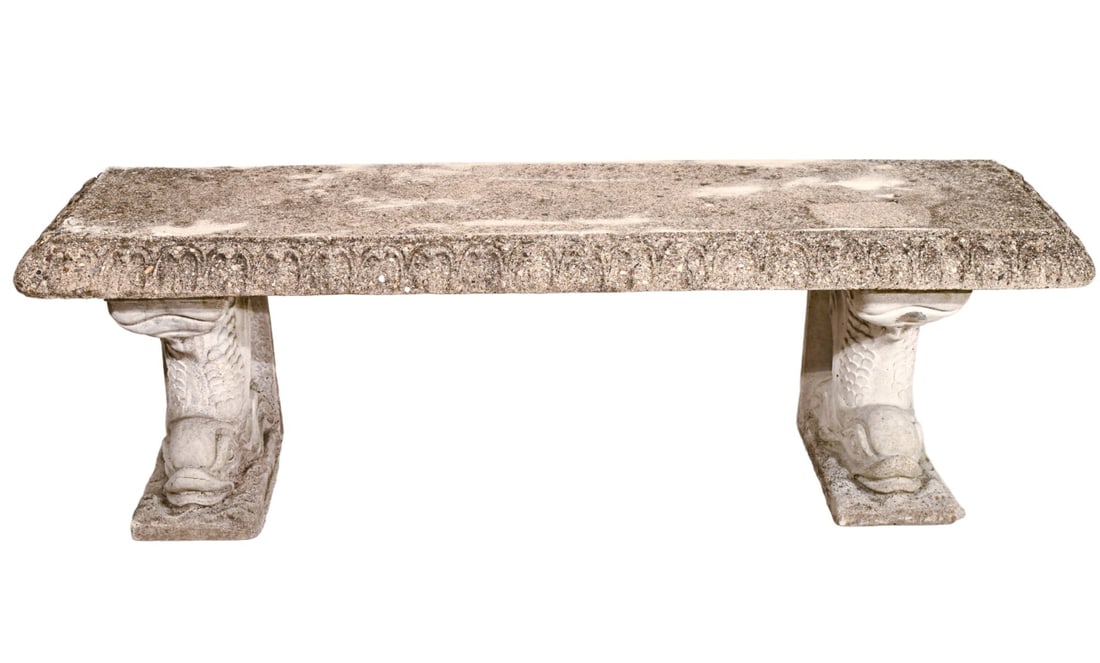 Vintage Outdoor Carved Fish Leg Cement Bench: Vintage Outdoor Carved Fish Leg Cement Bench.Measures 18 inches x 53 inches x 15 inches.