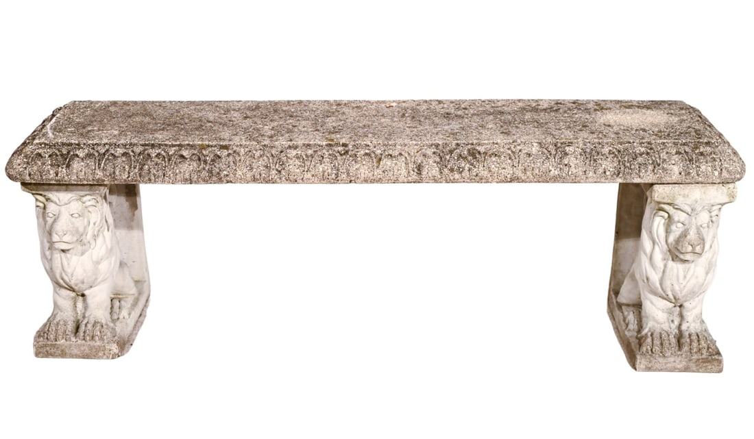 Vintage Outdoor Cement Lion Leg Bench: Vintage Outdoor Cement Lion Leg Bench.Measures 18 inches x 53 inches x 15 inches.