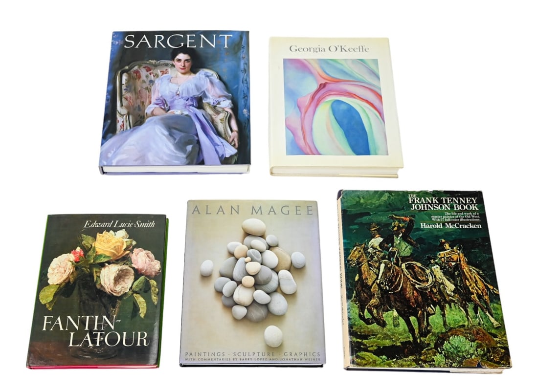 5 Hard Cover Coffee Table Art Books by Artist: 5 - 20th Century Coffee Table Hard Cover Art Books by Artist Including Fantin-Latour, Frank Tenney Johnson, Alan Magee, Georgia O'Keeffe, John Singer Sargent. Larger book measures 13 inches x 12 inche