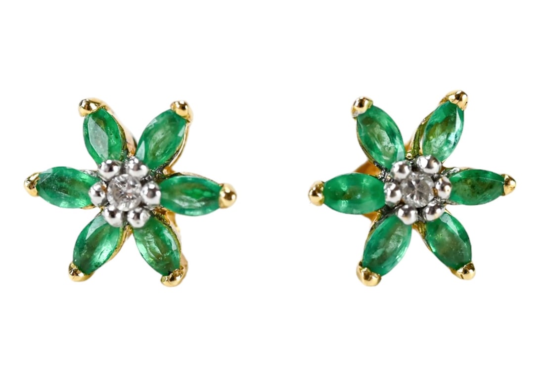 14K Gold, Emerald & Diamond Starburst Earrings (1 of 10)
