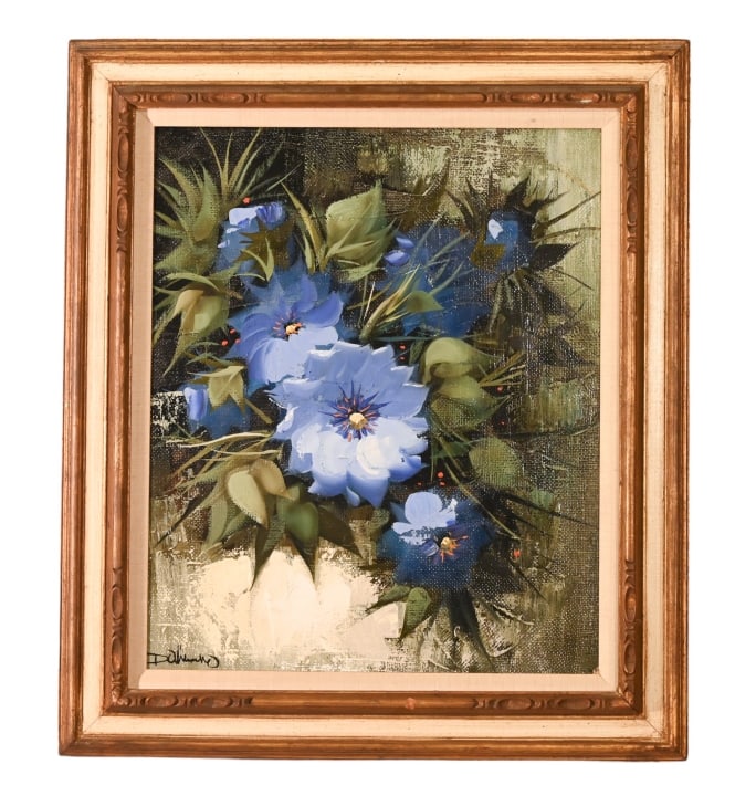 Signed Oil Painting Still Life Blue Flowers: Signed Oil Painting Still Life Blue Flowers on Burlap. Framed measures 32 inches x 27 inches, art measures 24 inches x 19 inches.