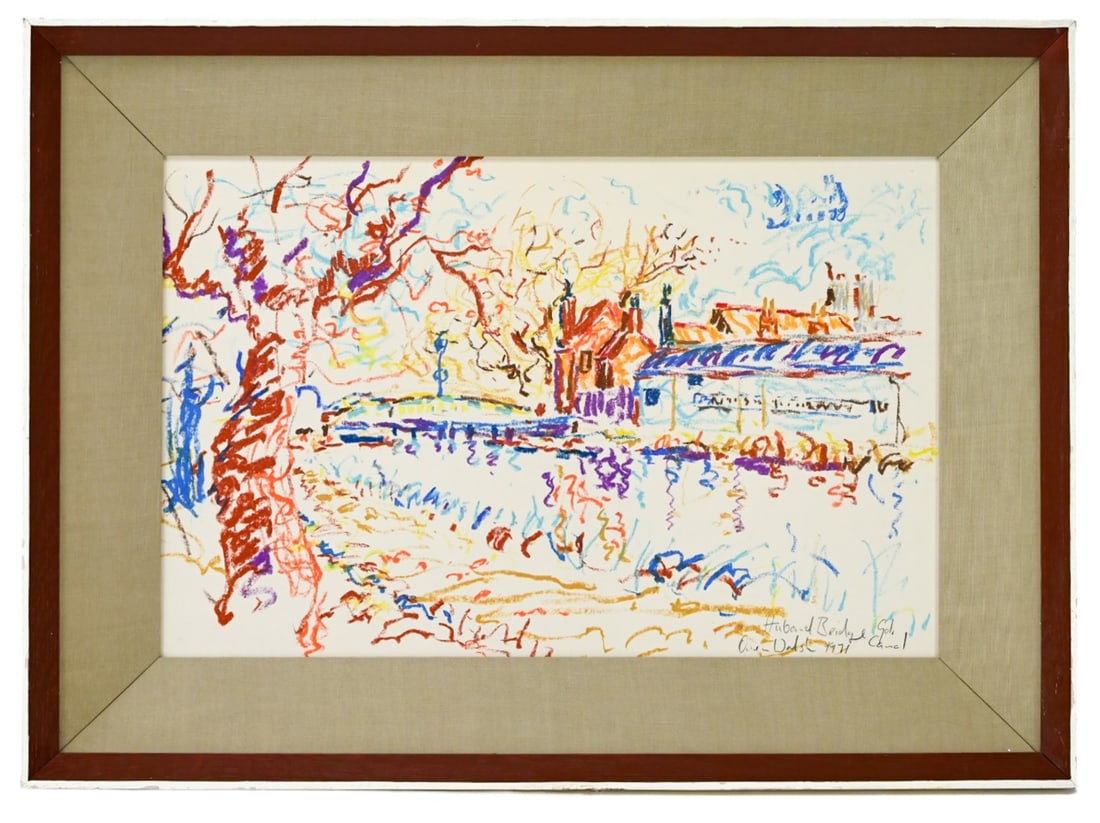 Owen Walsh Signed Pastel Huband Bridge Gold Canal: Owen Walsh, Ireland 1933-2002, Signed and Dated 1971 Pastel of Huband Bridge Gold Canal, In Shadow Box Frame. Framed measures 20 inches x 26 inches, art measures 13 inches x 19 inches.