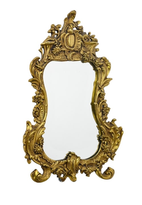 Louis XV Style Brass & Beveled Glass Table Mirror: Louis XV Style Brass & Beveled Glass Table Mirror with Adjustable Stand on Back. Measures 17 inches x 12 inches.