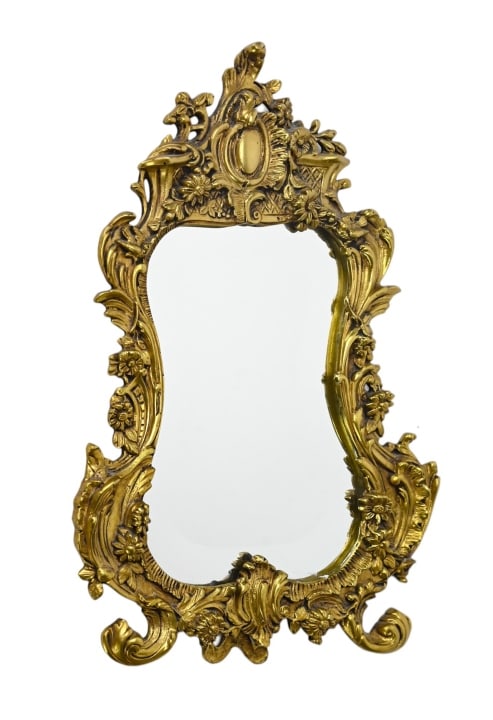 Louis XV Style Brass & Beveled Glass Table Mirror: Louis XV Style Brass & Beveled Glass Table Mirror with Adjustable Stand on Back. Measures 17 inches x 12 inches.