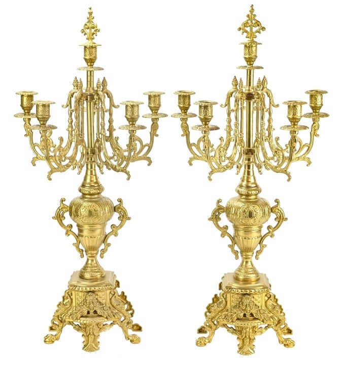 Pair Brass Louis XV Style Candelabras: Pair Brass Louis XV Style 6-Arm Candelabras with Removable Finial. 27 inches x 13 inches in diameter.