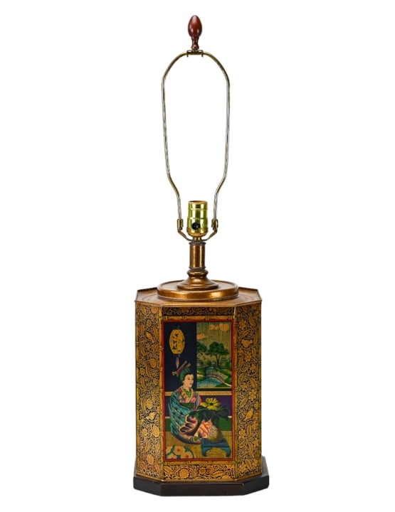 Chinoisserie Biscuit Tin Style Table Lamp: Chinoisserie Biscuit Tin Style Table Lamp. Measures 30 inches x 9 inches in diameter.