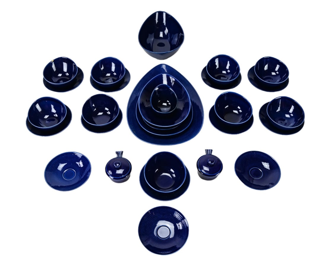 Rorstrand Sweden Blue Fire Porcelain Soup Set: Rorstrand Sweden Blue Fire Porcelain Vintage Soup Set. Includes 8 serving pieces, 9 bowls, 12 saucers. One bowl has a chip. Largest platter measures 15 inches x 11 inches.