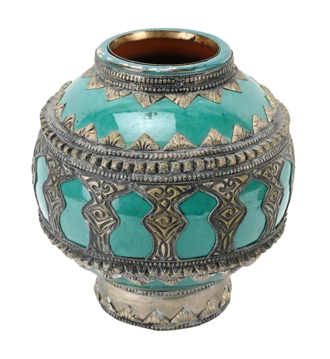 Moroccan Pottery with Metal Overlay: Moroccan Pottery with Metal Overlay. Measures 11 inches x 11 inches.