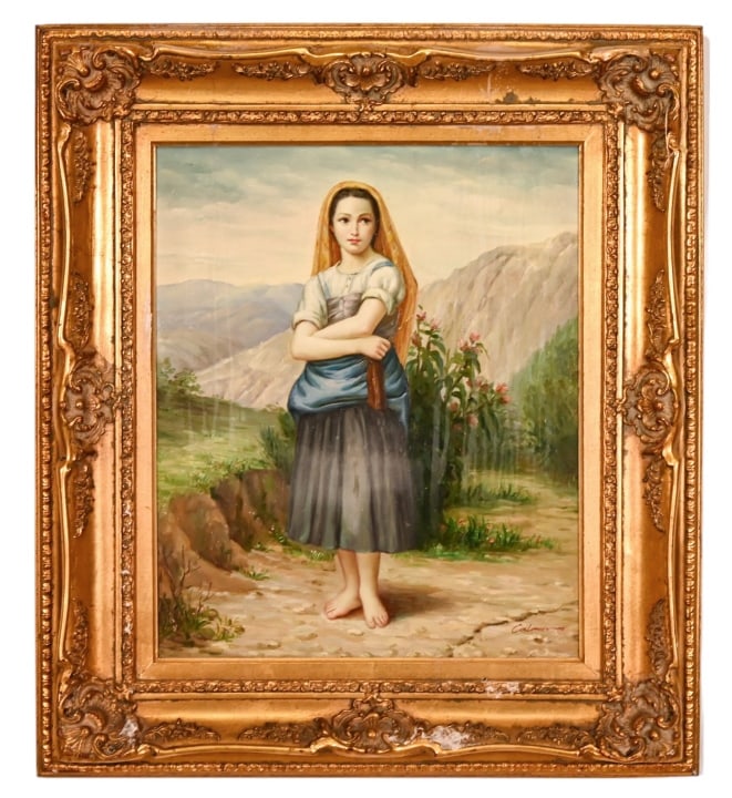 Signed Calmer Painting of A Young Girl: Signed Calmer Painting of A Young Girl After the Artist William Adolphe. Please note that there is an evidence of water damage on the painting and the frame needs repair.Measures 34 inches x 30 inches