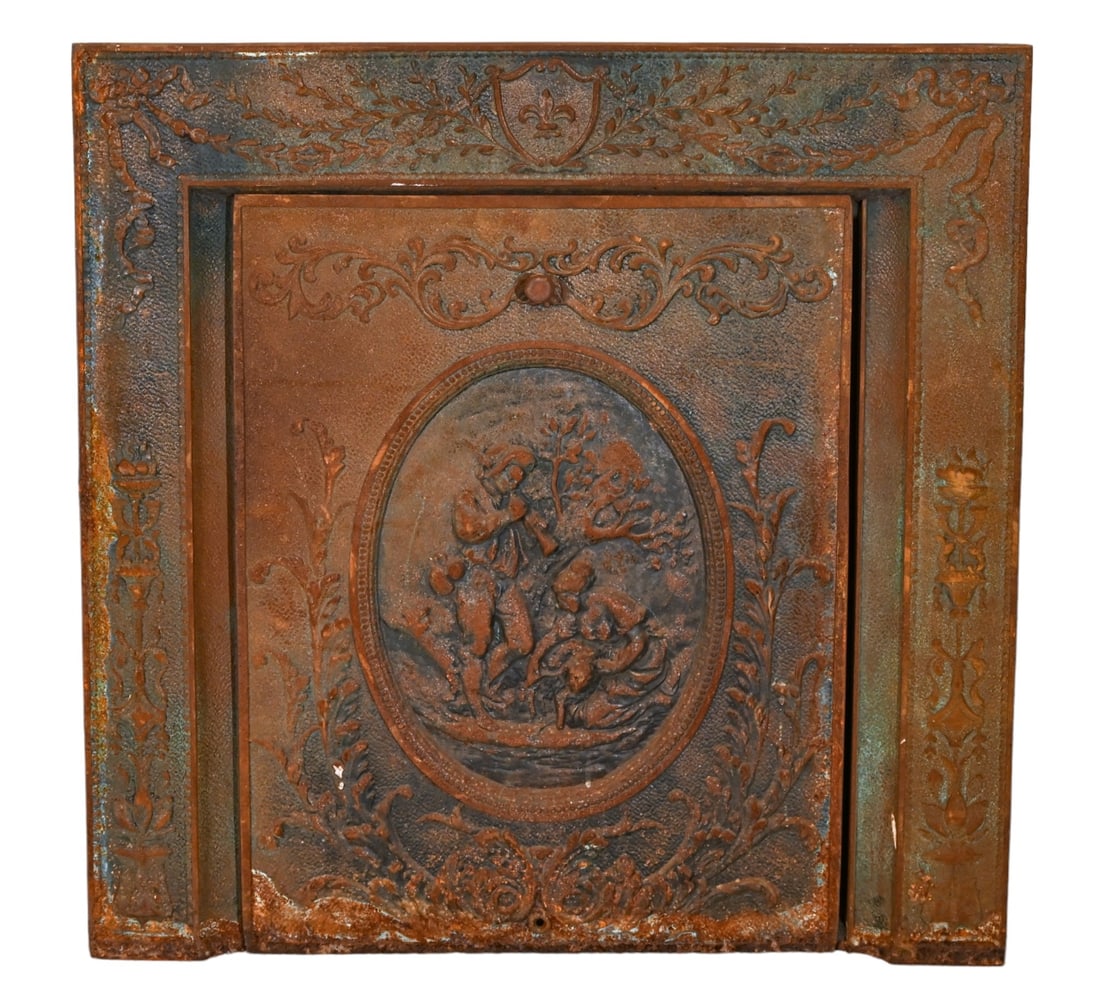 Vintage Cast Iron Fireplace Fire Back: Vintage Cast Iron Fireplace Fire Back.Measures 30 inches x 30 inches x 2 inches.