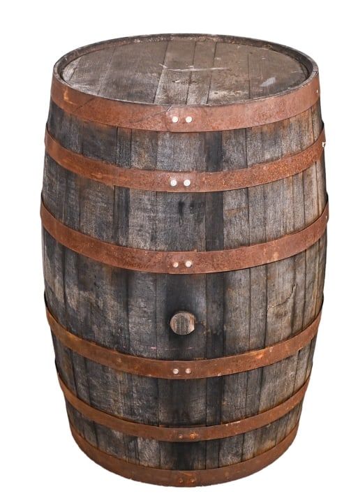 Old Vintage Oak Wood Wine Barrel / Whiskey Cask: Old Vintage Oak Wood Wine Barrel or Aged Weathered Whiskey Cask.Measures 35 inches x 24 inches diameter.