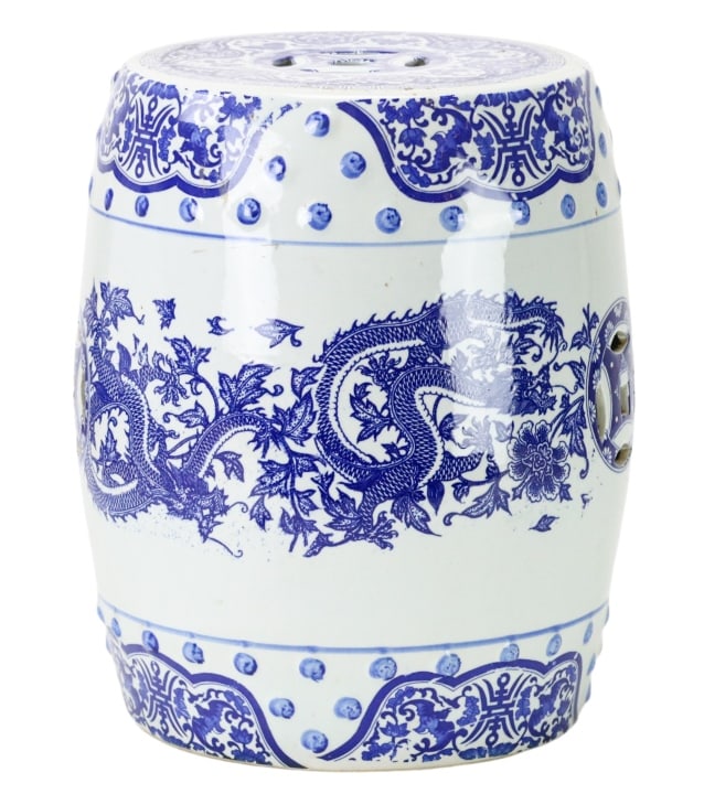 Vintage Chinese Blue and White Garden Stool: Vintage Chinese Blue and White Garden Stool with Dragon Motif.Measures 16 inches x 11 inches diameter.