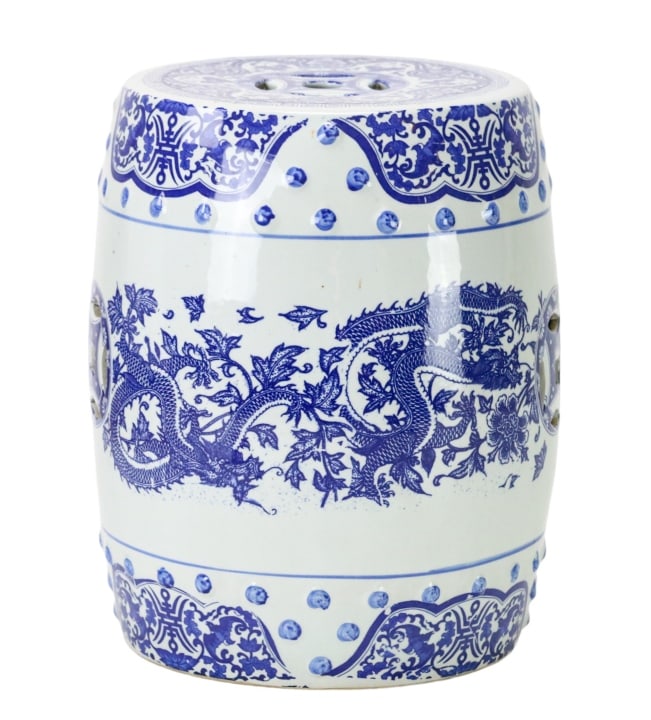 Vintage Chinese Blue and White Garden Stool: Vintage Chinese Blue and White Garden Stool with Dragon Motif.Measures 16 inches x 11 inches diameter.