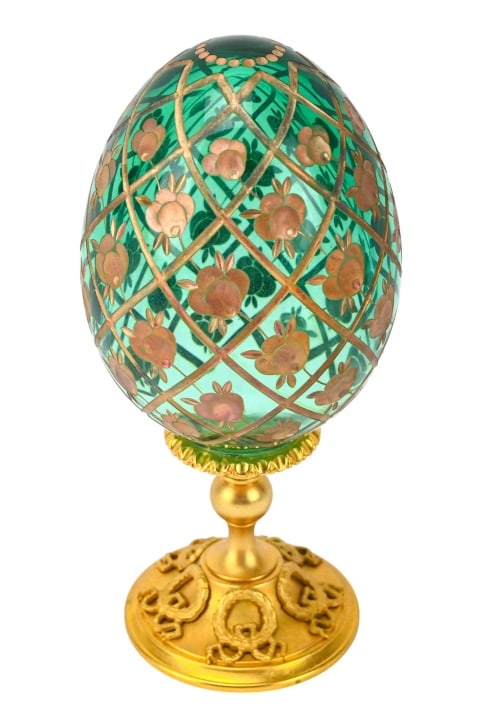 Faberge Signed Cut Crystal Green Egg Ormolu Mount (1 of 11)