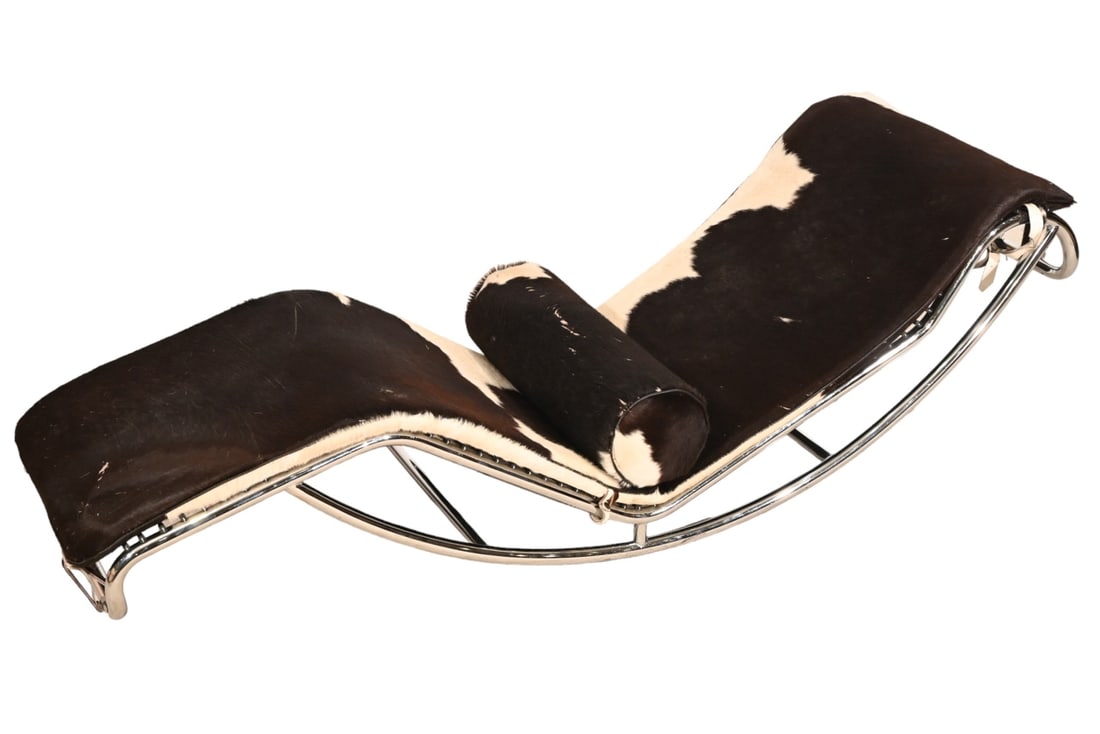Le Corbusier Pony Skin Hide Chaise Lounge: Le Corbusier Pony Skin Hide and Metal Tubilar Chaise Lounge.Measures 16 inches x 19 inches x 64 inches.