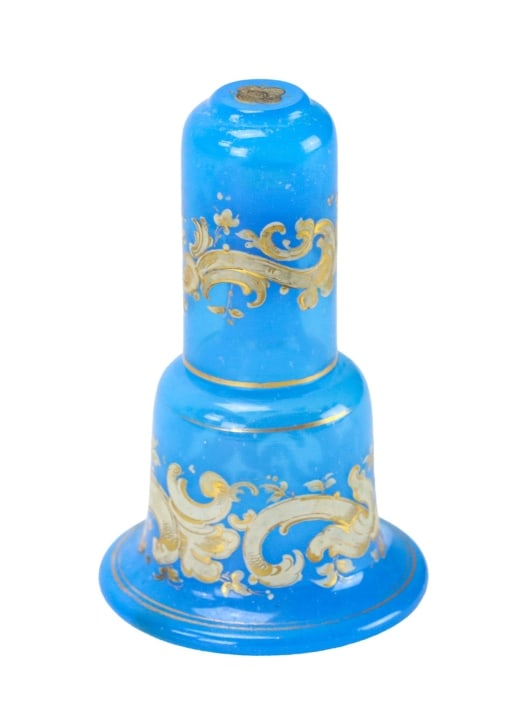 Antique French Blue Opaline Glass Carafe & Cup: Antique French Blue Opaline Glass Matching Hand Painted Night Service Carafe with Stopper and Cup. Carafe measures 4.5 inches x 3 inches in diameter, cup measures 2.5 inches x 1.5 inches.