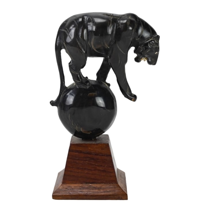 Carved Horn Tiger on Ball Mounted: Carved Horn Tiger on Ball Mounted on Wood Stand. Measures 5 inches x 3 inches. Small repair to bone.