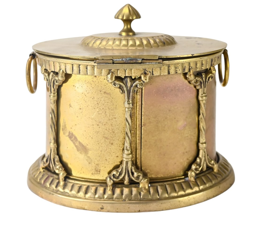 English Brass Tea Caddy w Hinged Lid & Barrel (1 of 11)