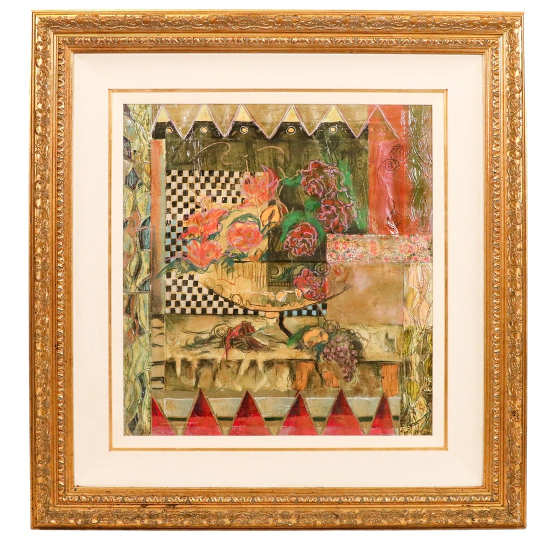 Susan Hartnett Signed Mixed Media Cafe Bordeaux: Susan Hartnett Signed Mixed Media on Paper Titled Cafe Bordeaux. Framed measures 48 inches x 44 inches, art measures 31 inches x 29 inches.