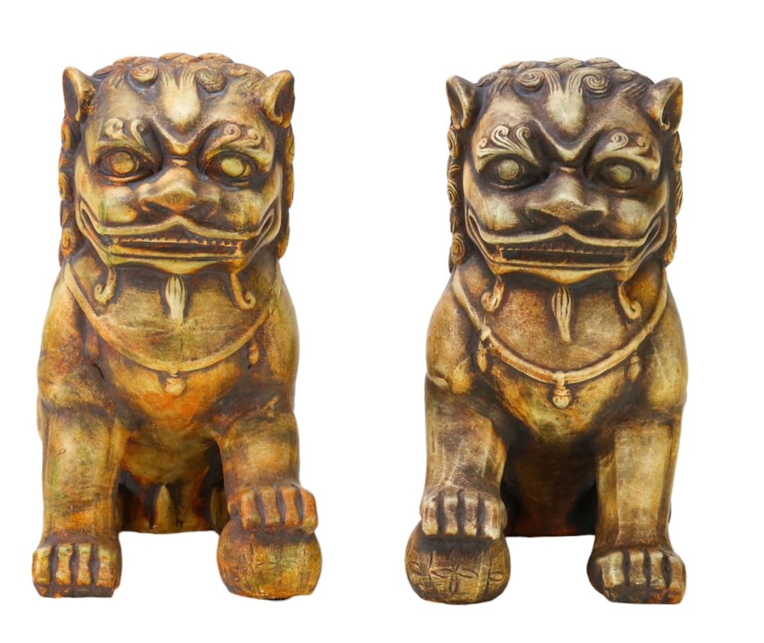 Pair Hand Painted Plaster Chinese Foo Lions: Pair Hand Painted Plaster Chinese Foo Lions. Measure 16 inches x 14 inches x 7 inches.