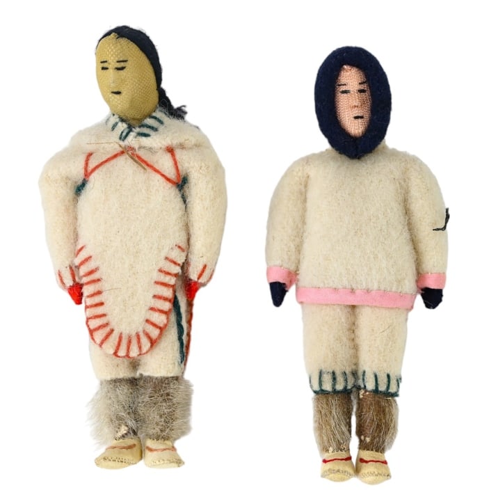 Pair Vintage Eskimo Cloth Dolls of Fur & Wool (1 of 13)