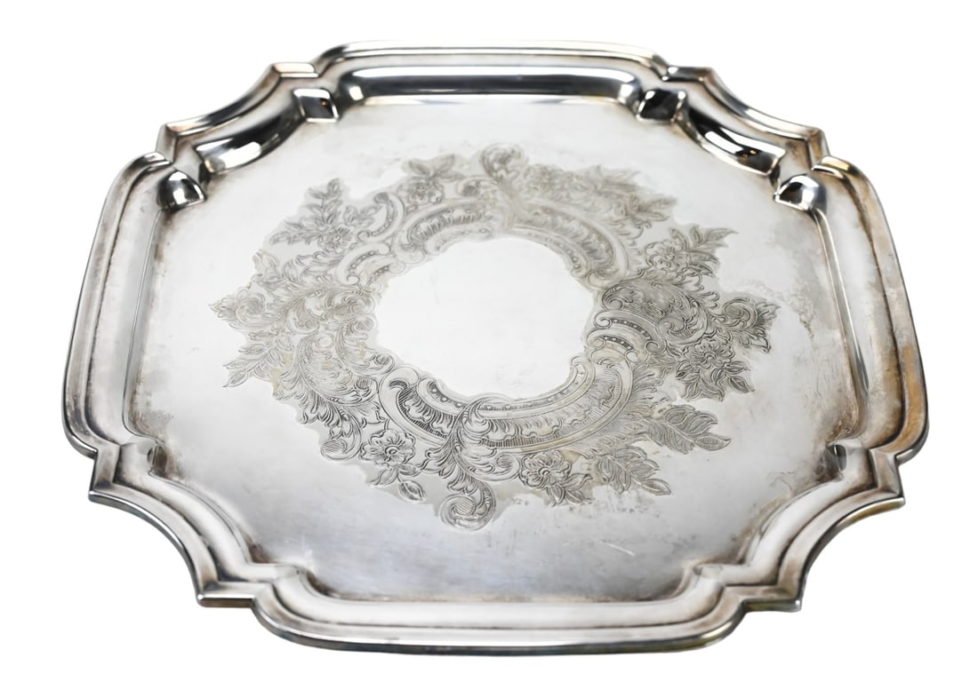 Vintage Lunt Silversmiths Square Etched Tray: Vintage Lunt Silversmiths Square Etched 12 inch Tray.