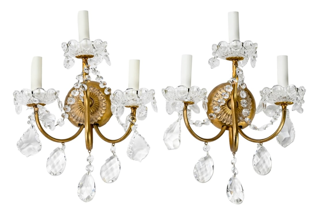Pair Regency Gilt Tole & Crystal 3-Arm Sconces (1 of 11)