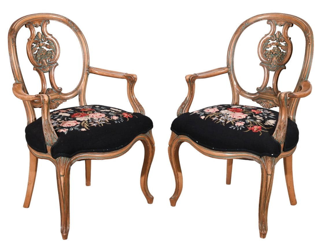 French Provincial Carved Needlepoint  Armchairs (1 of 16)