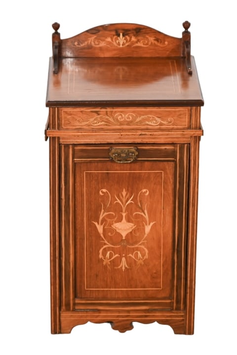 Georgian Fruit Wood Marquetry Coal Scuttle: Georgian Fruit Wood Marquetry Coal Scuttle. Measures 26 inches x 14 inches x 14 inches.