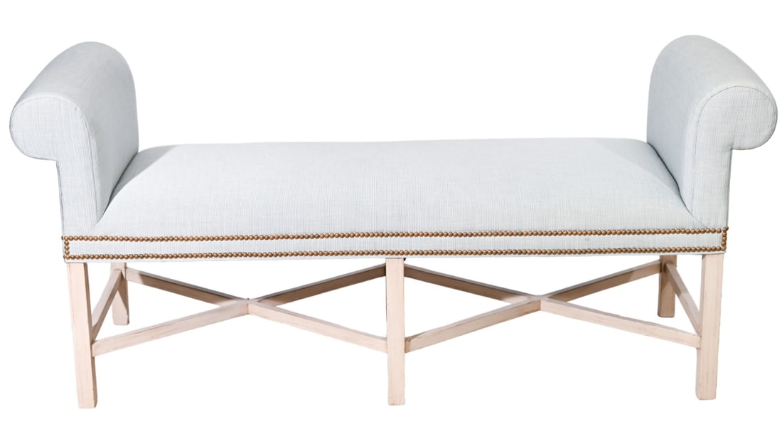 Regency Style Rolled Arm Custom Upholstered Bench (1 of 16)