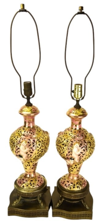 Pair Antique Capodimonte & Reticulated Brass Lamps: Pair Antique Hand Painted Porcelain Capodimonte & Reticulated Brass Base Lamps. Featuring Putti. 33 inches x 7 inches x 7 inches