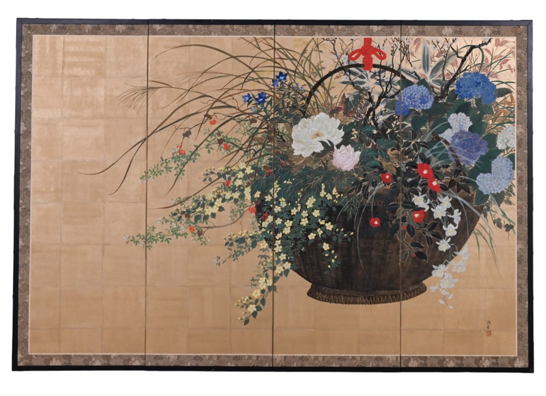 Japanese 4 Panel Screen Featuring Flower Basket (1 of 12)