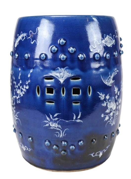 Chinese Export Blue w White Overlay Garden Seat: Chinese Export Blue w White Overlay Floral Decoration Garden Seat with Pieced Sides and Hobnail Detail. Measures 19 inches x 13 inches in diameter.