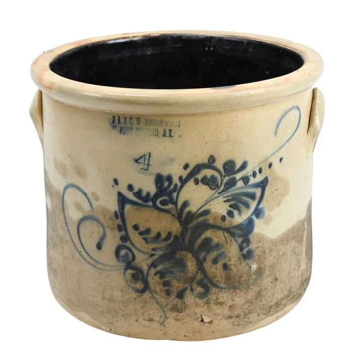 J.A. & C.W. Underwood #4 Salt Pottery Blue Crock: J.A. & C.W. Underwood #4 Salt Pottery Blue Glaze Crock. Measures 11 inches x 13 inches in diameter.
