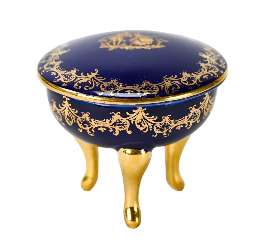 Limoges Porcelain Cobalt Gilt Footed Trinket: Limoges Hand Painted Porcelain Cobalt Gilt Footed Trinket.Measures 3 inches x 3.5 inches diameter.