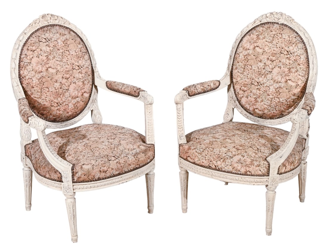 Georgian Style Carved Upholstered Bergere Chairs: Antique Georgian Style Hand Carved Hand Paited Custom Upholstered Bergere Chairs.Measures 40 inches x 27 inches x 22 inches seat height 17 inches.