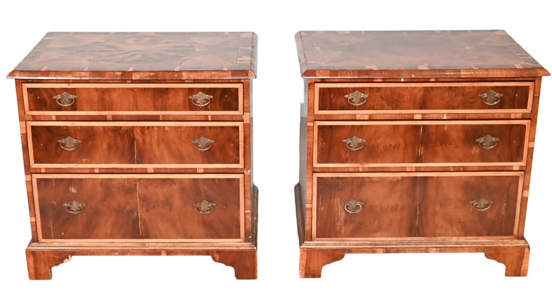 Vintage Mahogany Inlaid Veneer Nightstands: Vintage Mahogany Inlaid Veneer Nightstands. Please see all photos, sold as is. Nightstands shows some damage and needs to be refinished.Measures 27 inches x 28 inches x 19 inches.