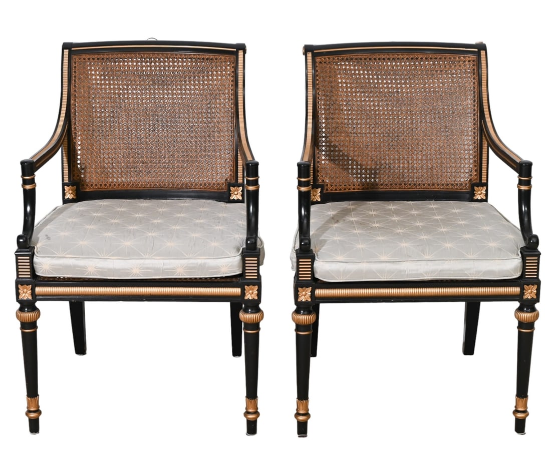Pair Regency Carved Ebonized Gilt Caned Armchairs (1 of 19)
