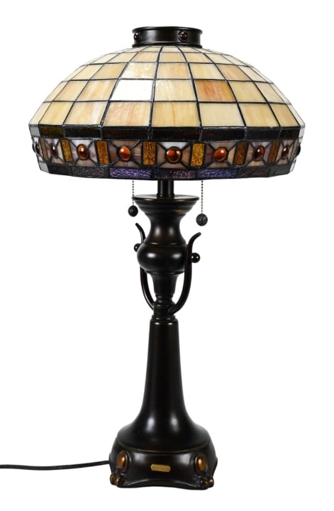 Dale Tiffany Antiques Roadshow Stained Glass Lamp: Dale Tiffany Antiques Roadshow Art Nouveau Style Bronze Tone Lamp with Stained Glass Shade. Measures 26 inches x 17 inches in diameter.