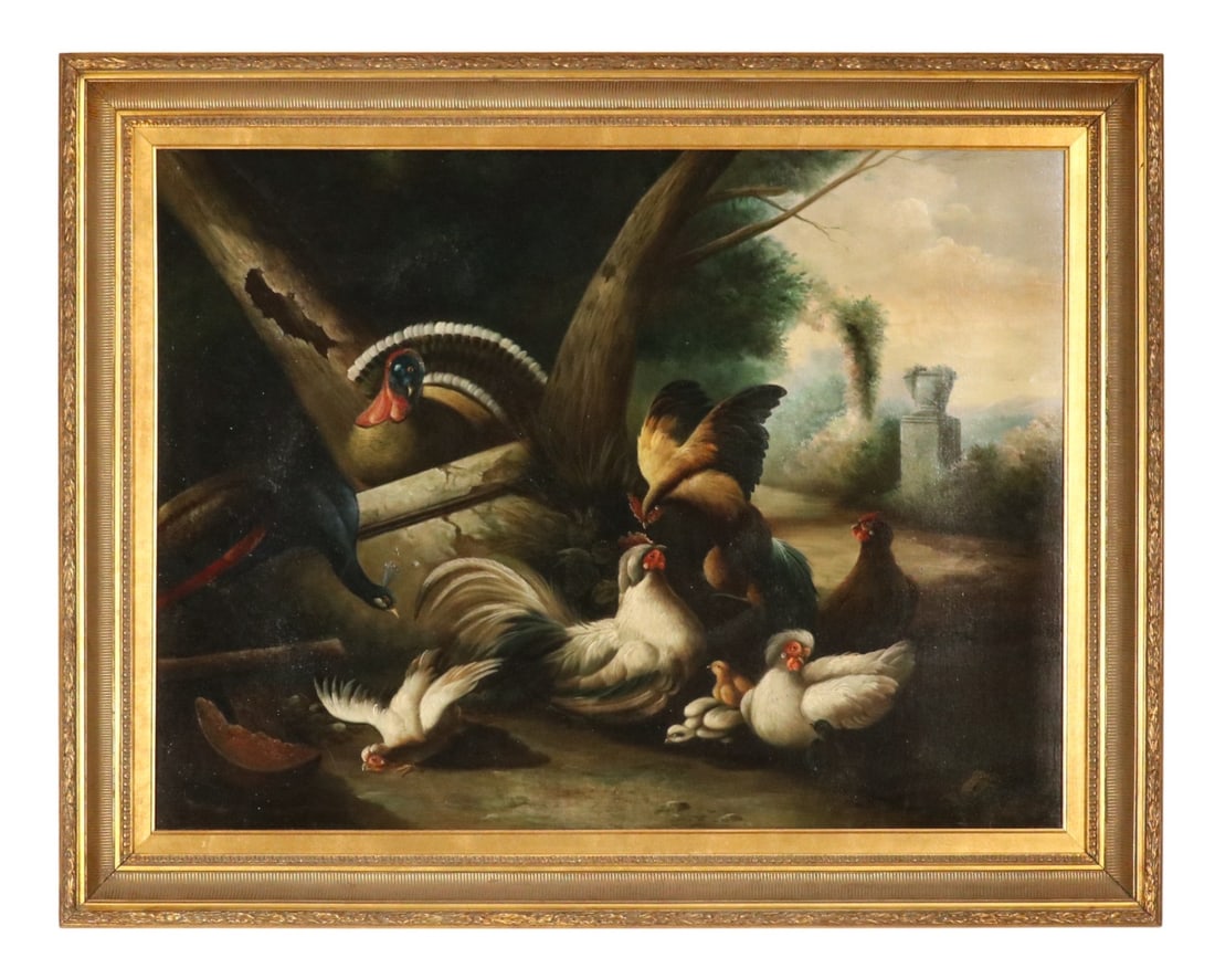 George Segal Signed Oil Painting Dutch School: George Segal, American 20th Century, Signed Large Scale Oil Painting on Canvas in the Dutch School of Fowl in Neo Classical Garden Setting, Framed. Framed measures 38 inches x 48 inches, art measures