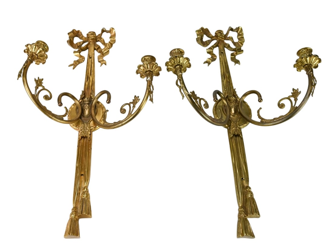 2 French Empire Gilt Bronze Ribbon Candle Sconces (1 of 8)