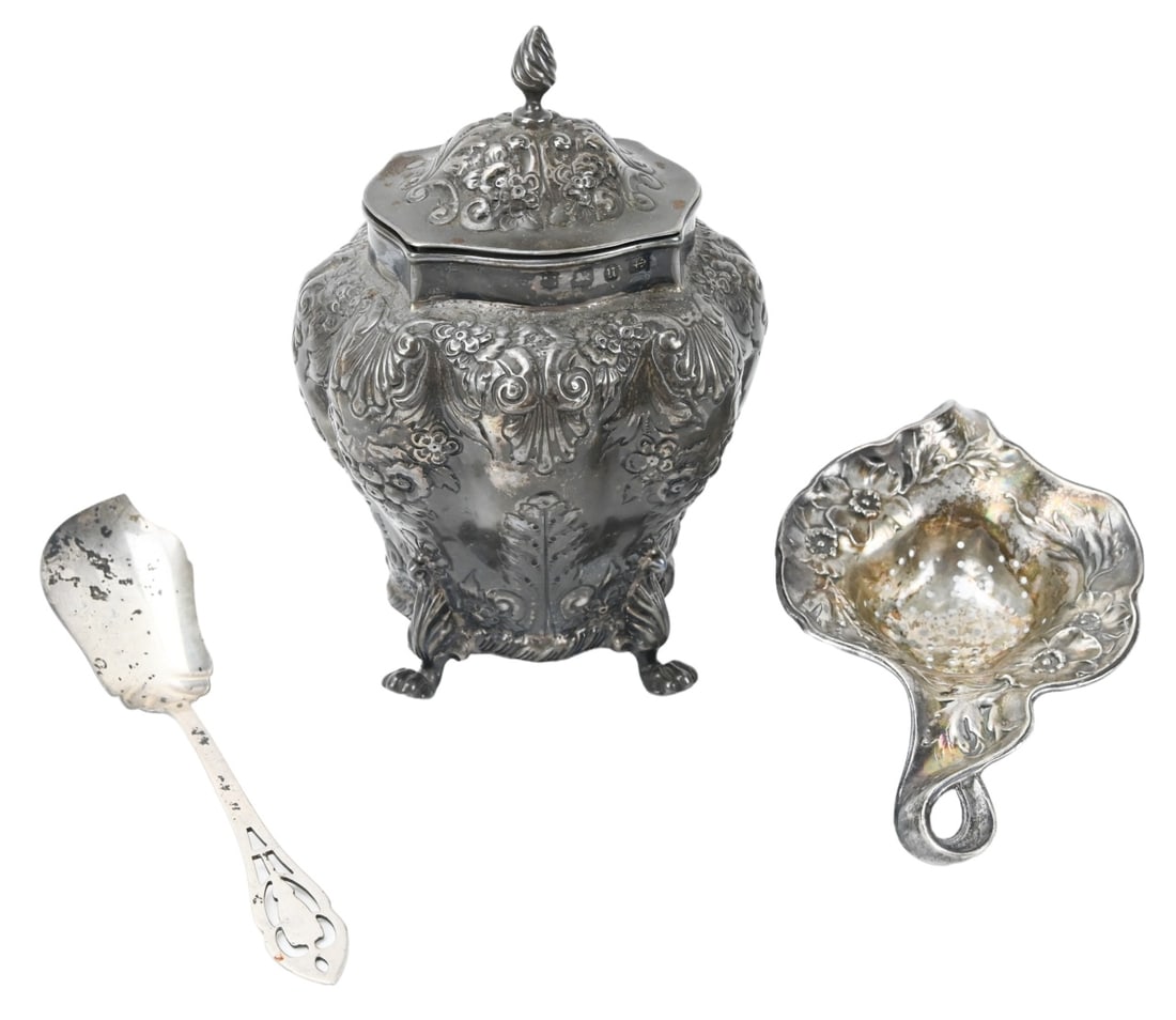 English Sterling Silver Tea Caddy, Strainer, Spoon (1 of 12)