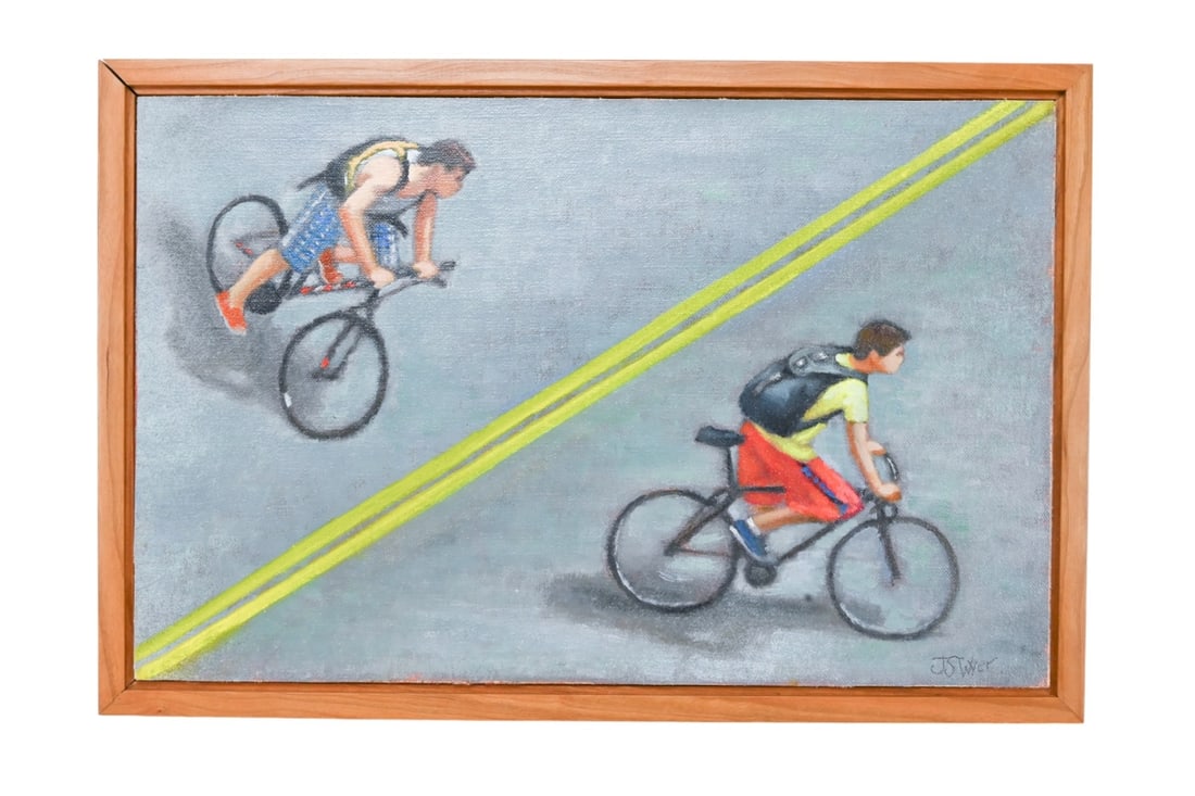 J. S. Wyer Signed Oil Painting Double Line 2012: J. S. Wyer Signed Oil Painting on Linen Mounted to Board Titled The Double Line, Dated 2012. Framed measures 15 inches x 10 inches.