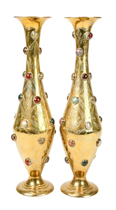 Pair Vintage Indian Bejeweled Brass Vase (1 of 8)