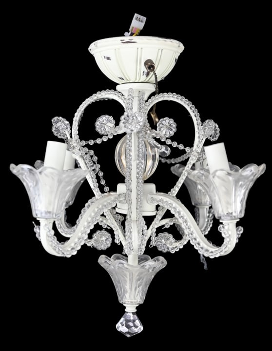 Wrought Iron & Pressed Glass Pendant Chandelier: French Country Wrought Iron & Pressed Glass Pendant Chandelier. Requires rewiring as it was attached to a ceiling fan. 15 inches x 12 inches in diameter.