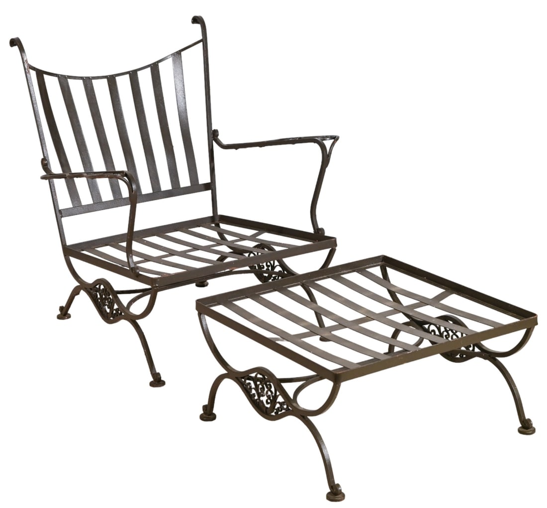Art Deco Outdoor Wrought Iron Club Chair & Ottoman: Estate Art Deco Outdoor Wrought Iron Club Chair and Ottoman. Chair measures 34 inches x 31 inches x 26 inches and 13 inches from floor to seat. Ottoman measures 13 inches x 24 inches x 24 inches.13 x
