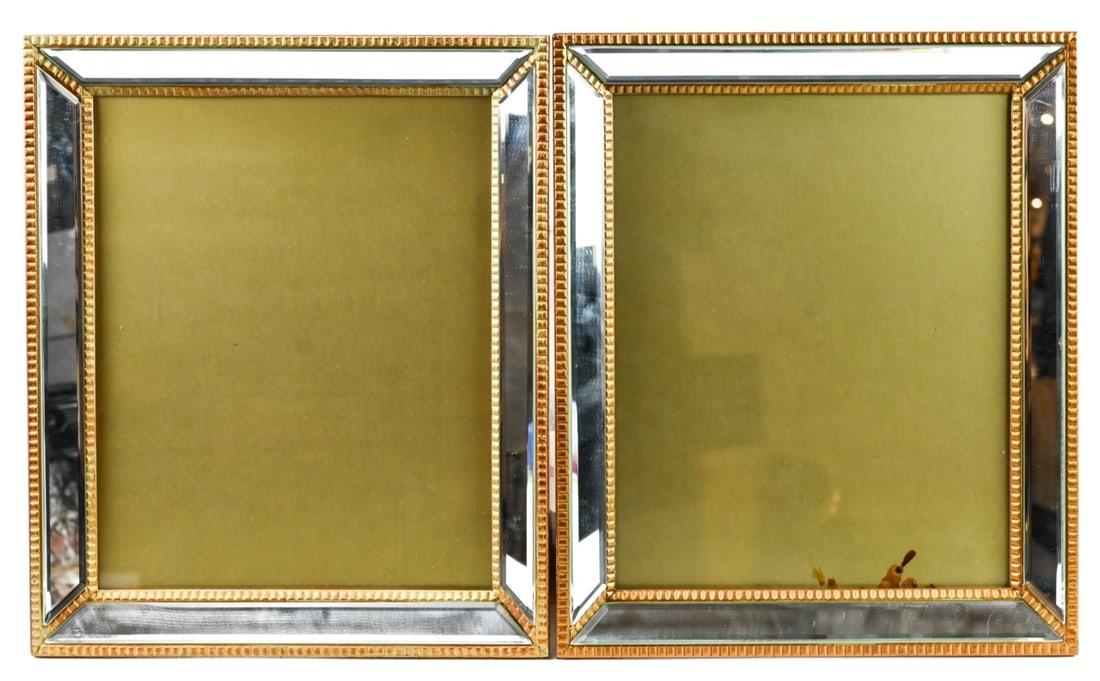 2 Art Frames w Mirrored Cushion & Gilt Moulding: 2 Art Frames w Mirrored Cushion & Gilt Moulding and Removable Backs for Easy Access. Frames measure 16 inches x 14 inches, picture opening fits 11 inches x 13 inches.
